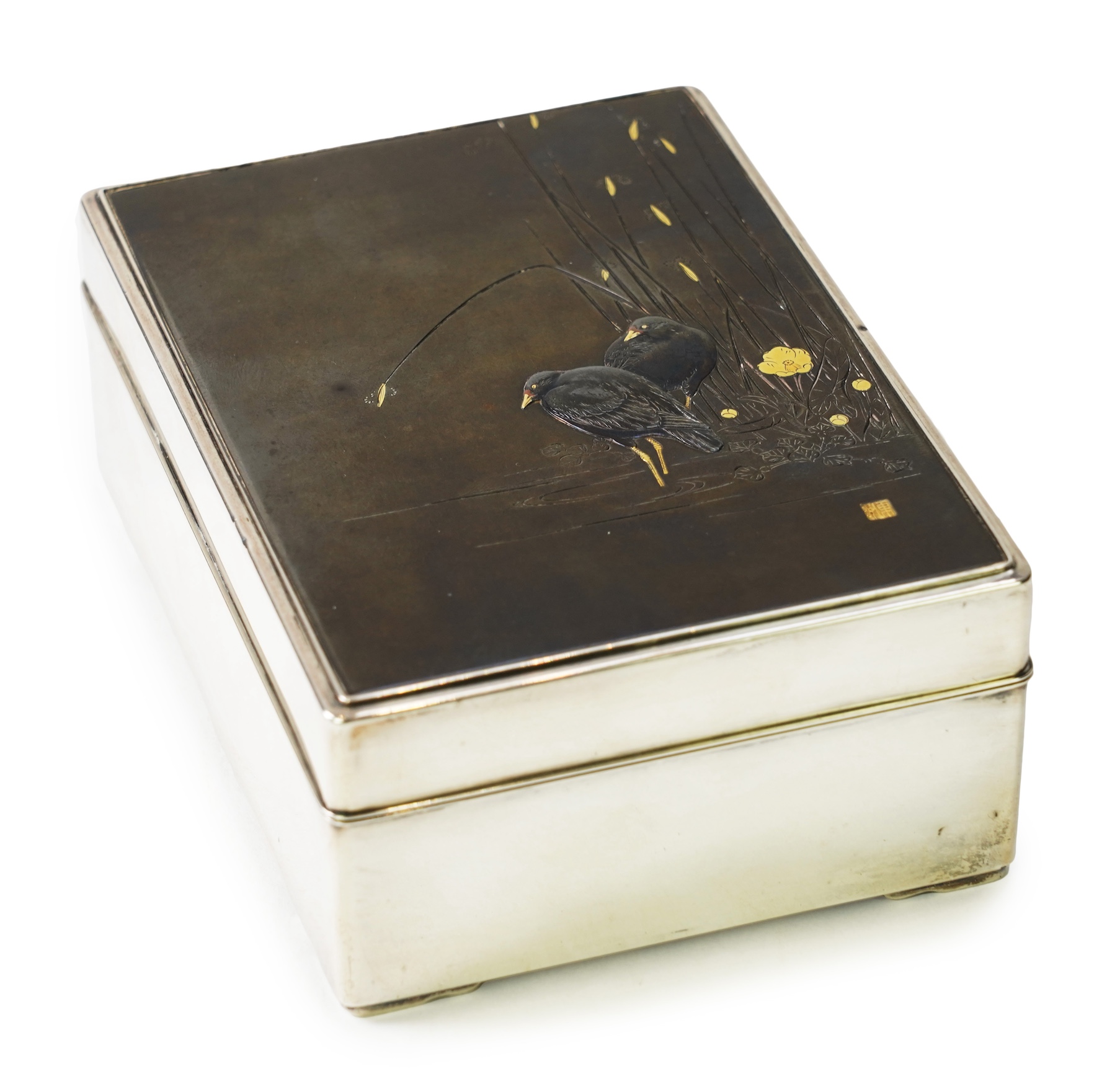 A Japanese shibuichi and shakudo mounted silver box and cover, Taisho period
